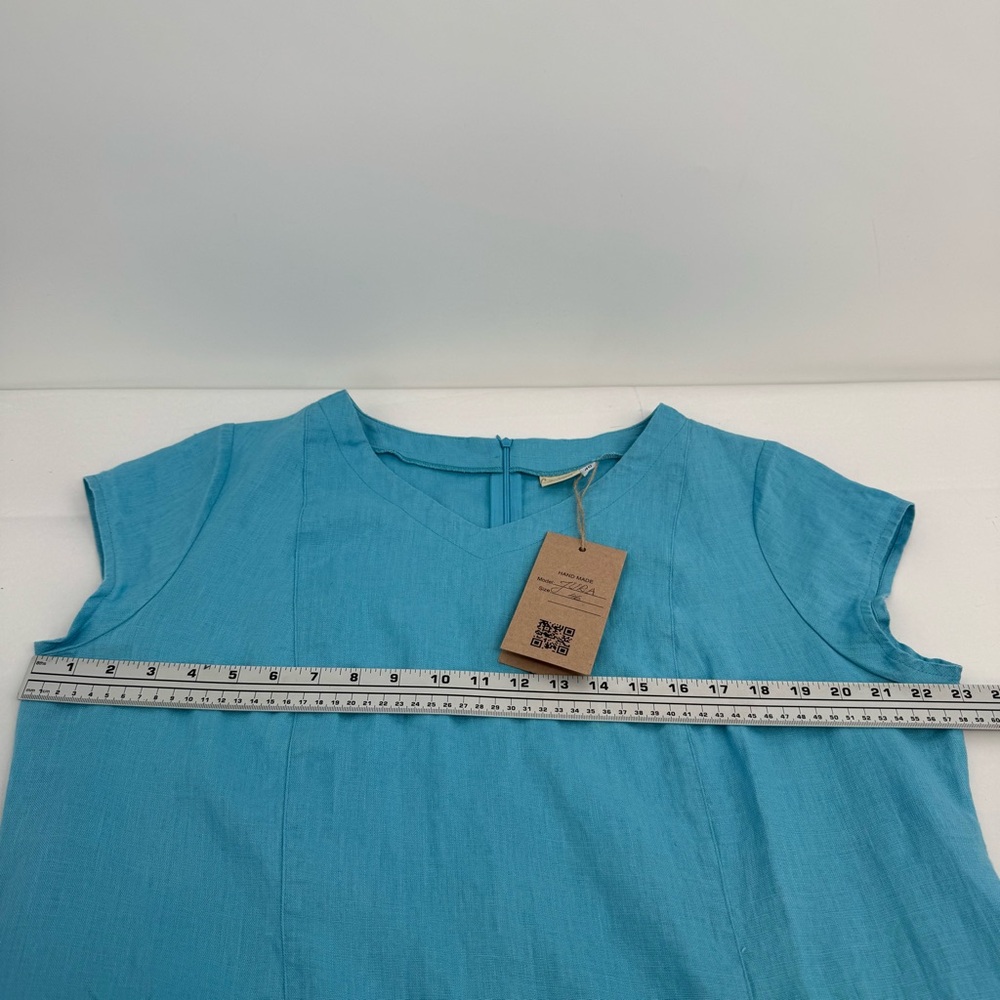 NWT Baltic Jura Linen Womens Size 46 Blue Midi Dress Short Sleeve V Neck Pockets - Picture 6 of 14